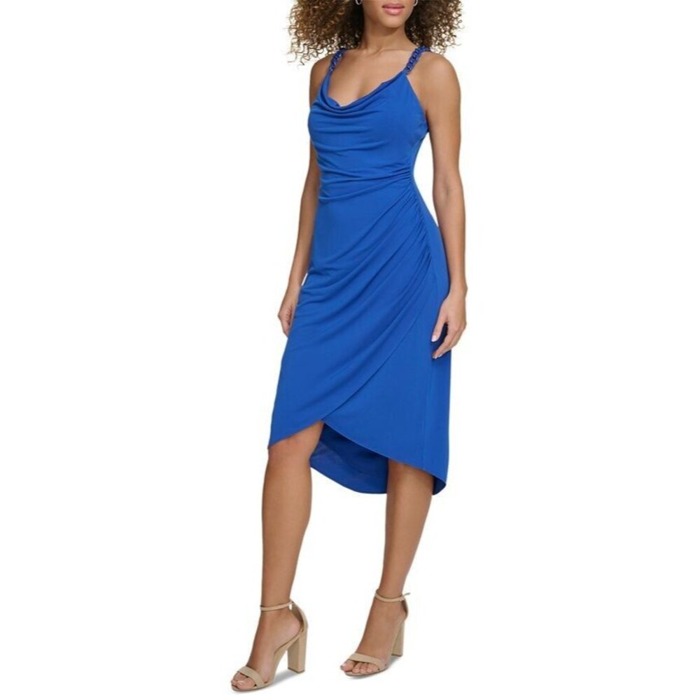 Siena Women's Chain-Trim Ruched at front high-low hem Bodycon Dress Blue 4
